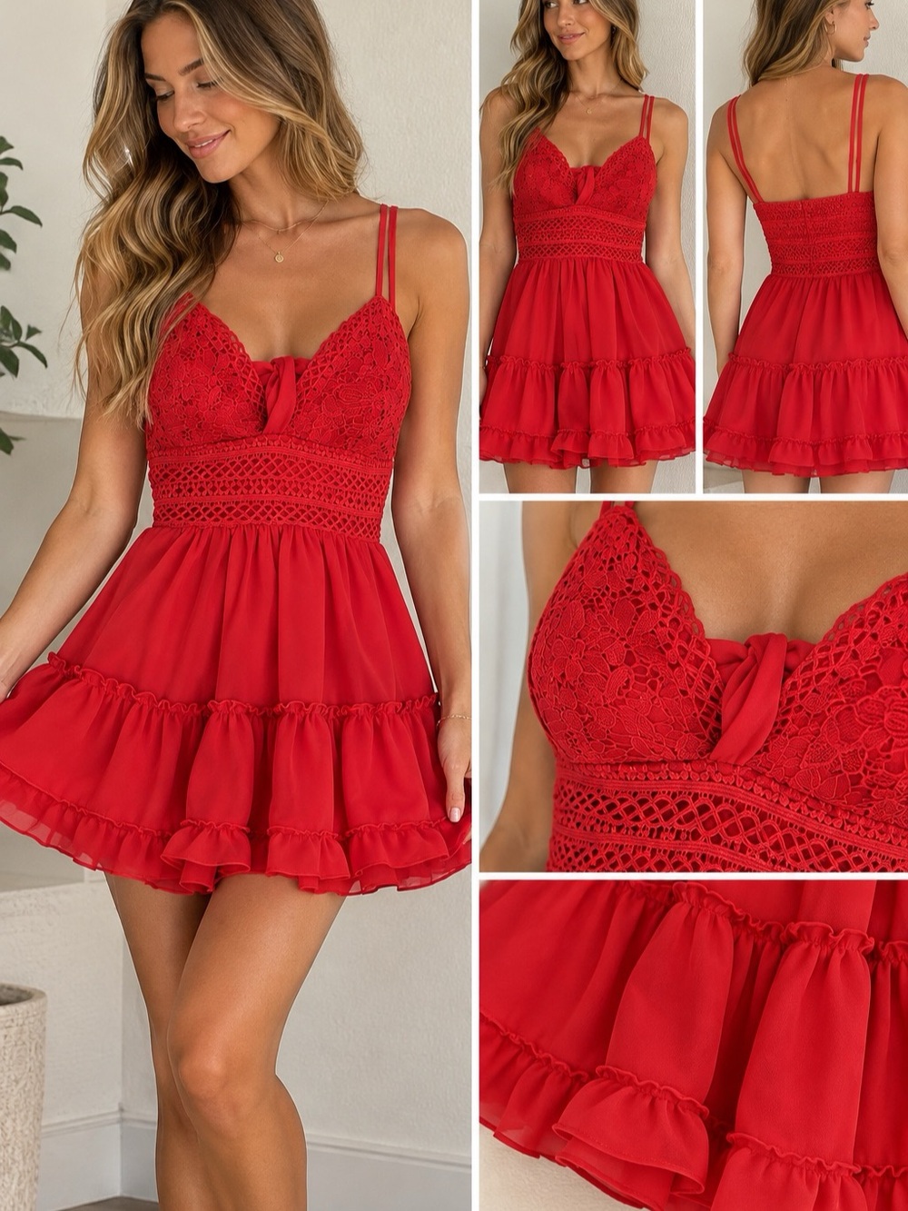 ECOWISH Red Lace Spaghetti Strap Ruffle Mini Dress